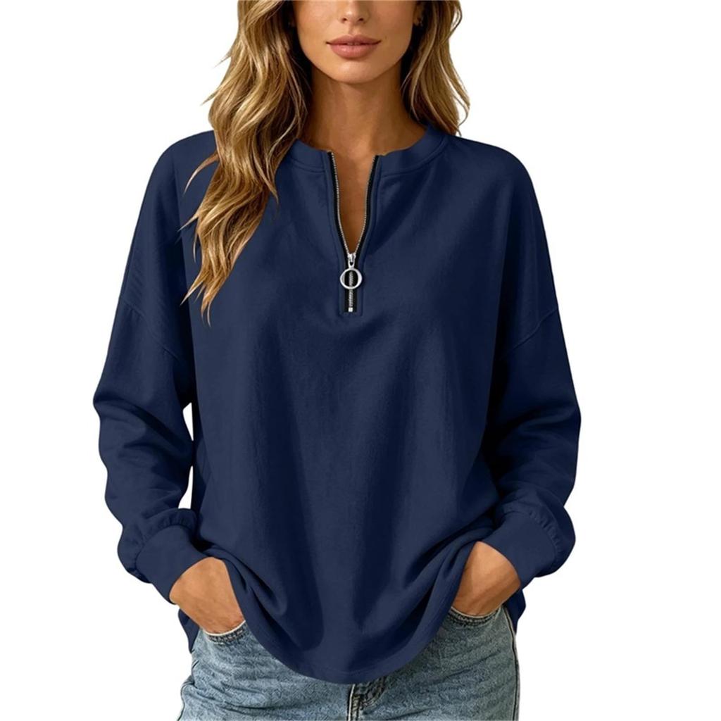 Damen Lockerer Pullover Sweatshirt Langarm Lässiges Oberteil mit halbem Reißverschluss Bequeme Alltagskleidung