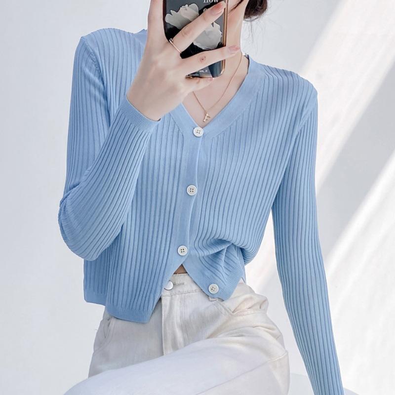 Outer knitted cardigan women's spring and autumn long-sleeved thin 1116 new high-waisted short V-neck slim-fit sweater jacket