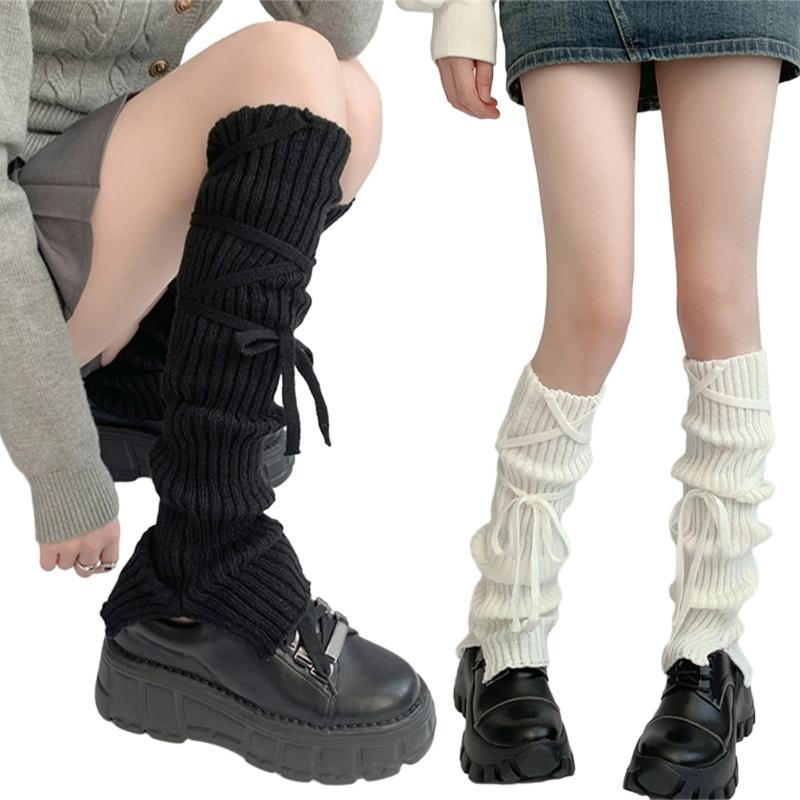 Girls Lolitas Leg Warmers Bows Lace Up Knit Flared Leg Sleeves Goth Baggy Cuffs Ankle Heap Socks JK Uniform Foot Cover