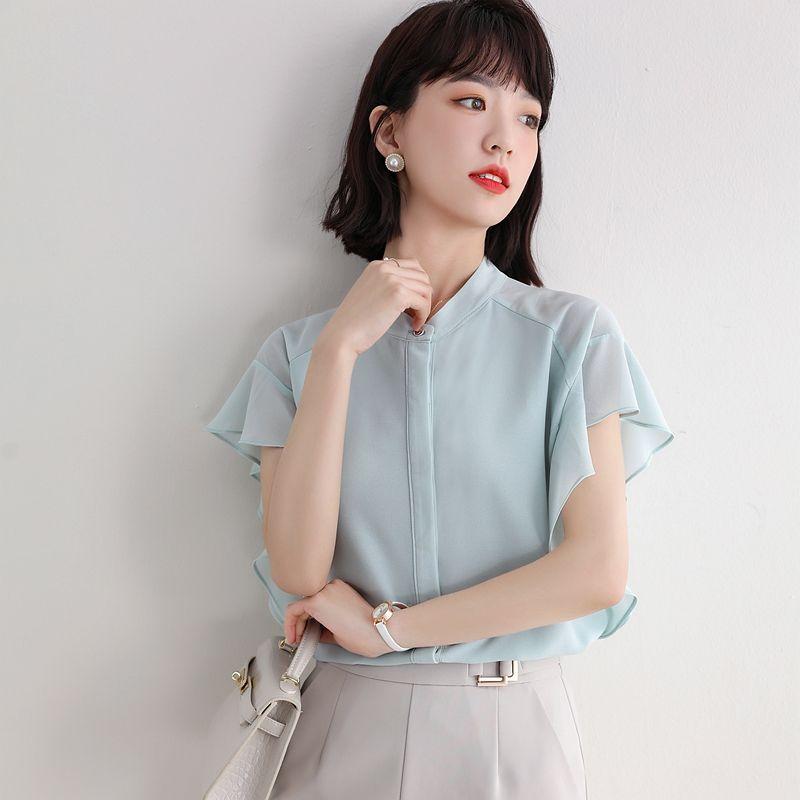 

Summer New Ruffled round Neck Large Size Casual Short Sleeve Light Blue S