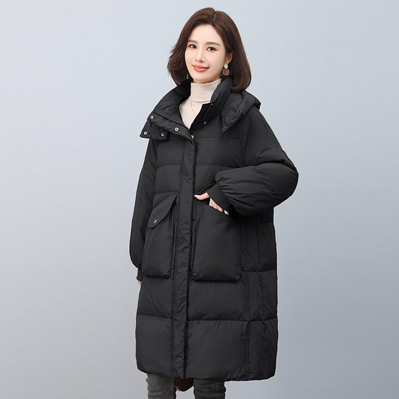 Women's Mid-Length Hooded Down Jacket, 2024 Plus Size Fashion, Warm Winter Coat, White Duck Down
