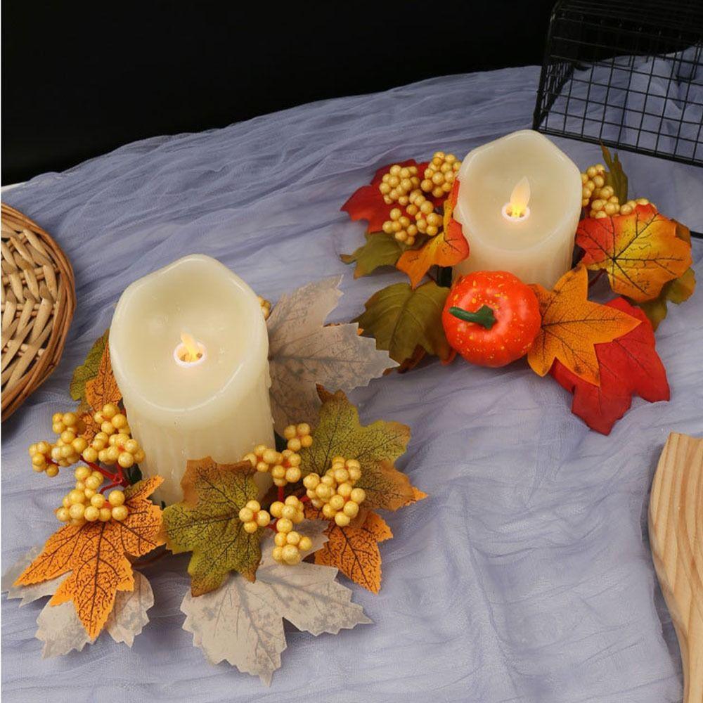 Artificial Candle Ring Wreath Handmade Maple Pumpkin Wreath Autumn Floral Garland Table Decor