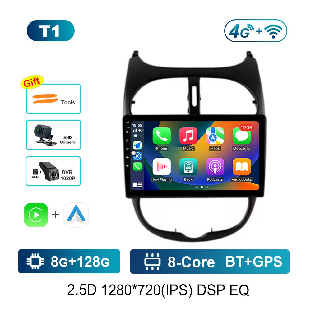 9 Inch Navigation GPS 4G Carplay for Peugeot 206 2001 - 2016 Android OS Car Video Multimedia Player BT QLED Touch Screen WiFi