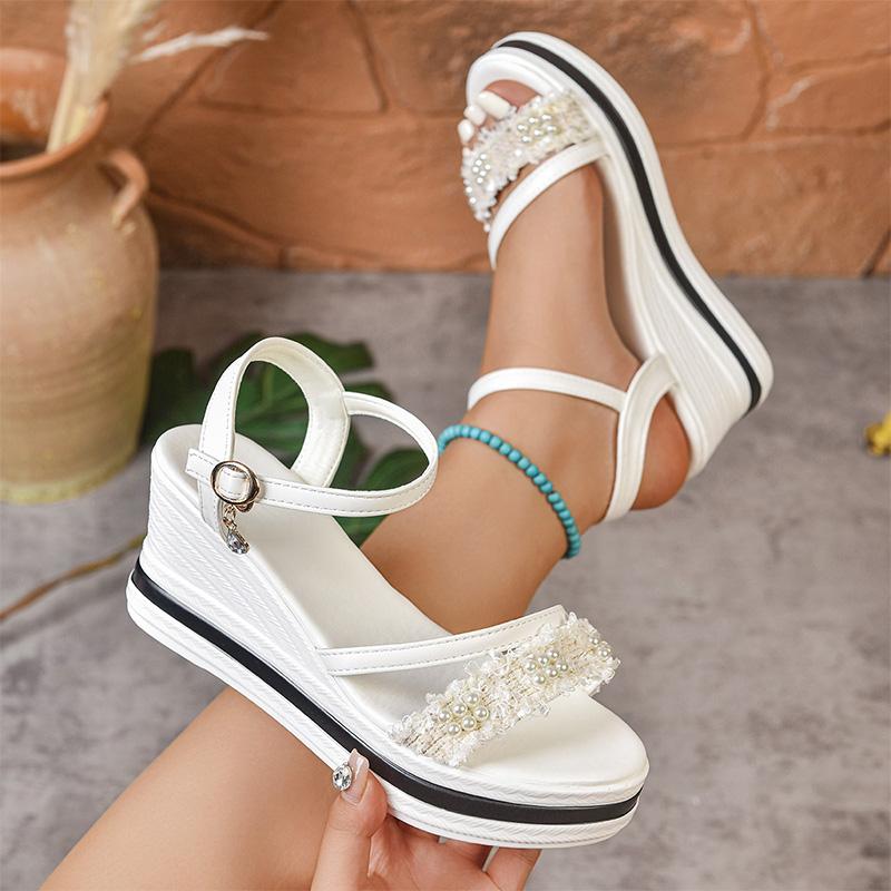 Pearl Flock Wedges Sandals for Women 2025 Crystal Ankle Buckle Party Shoes Woman Thick Sole Chunky Platform Shoes Mujer