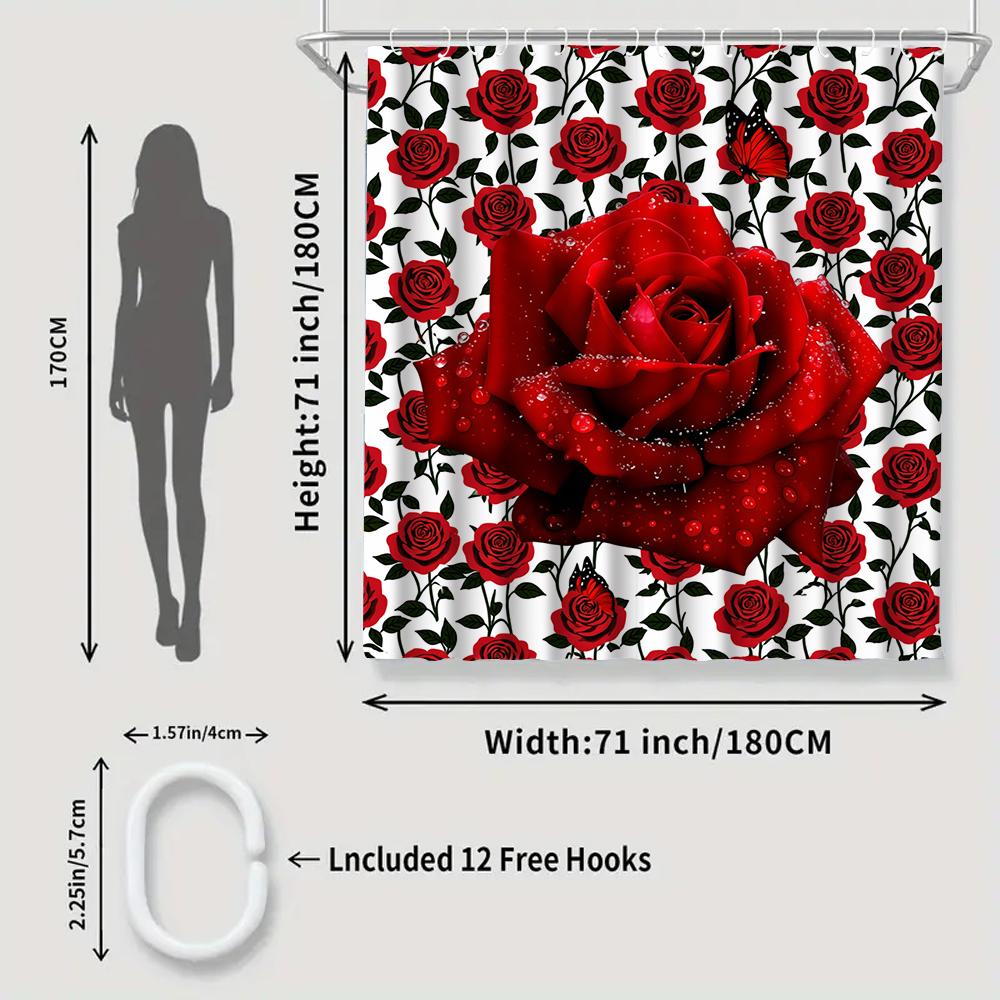 1/4 Rose Print Shower Curtains, Toilet Seat Decoration, Shower Curtain With Carpet And Toilet Lid, 70.8X70.8 Inch