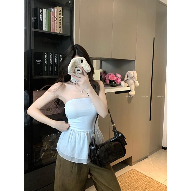 

2025 new white beautiful back strapless slim French sleeveless top 6532 L