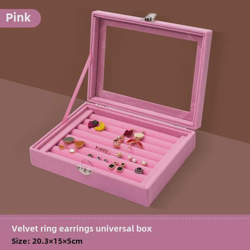Pink Flocked Portable Jewelry Box with Lid - 316-Grit Dustproof Glass Ring & Earring Display