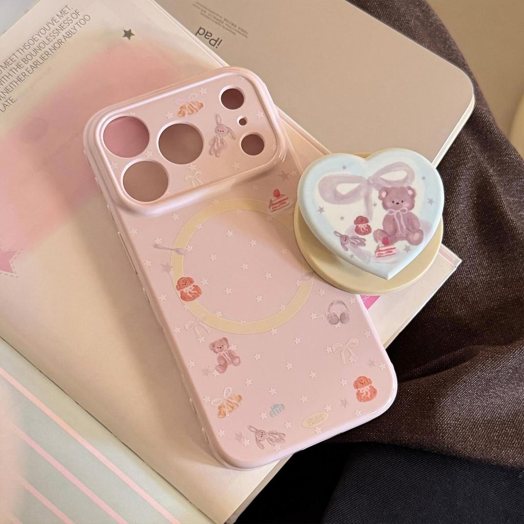 Cute Pink Bear Heart-Shaped Magnetic Stand and Bear Phone Case for iPhone 16, iPhone 17, and iPhone 17 Pro Max