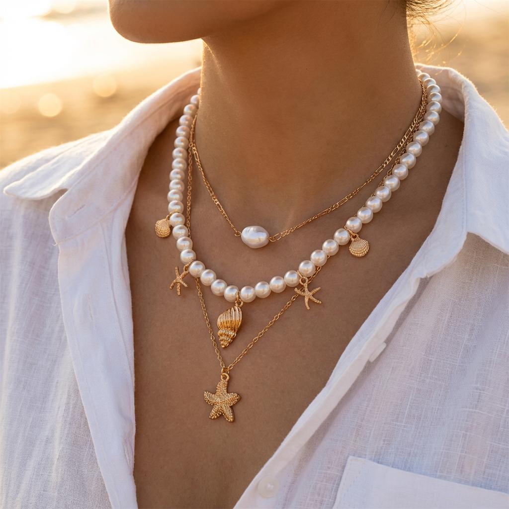 Gold Color Starfish Conch Pendant Necklace For Women Exquisite Imitation Pearl Beads Choker Bohemian Ocean Party Jewelry Gifts