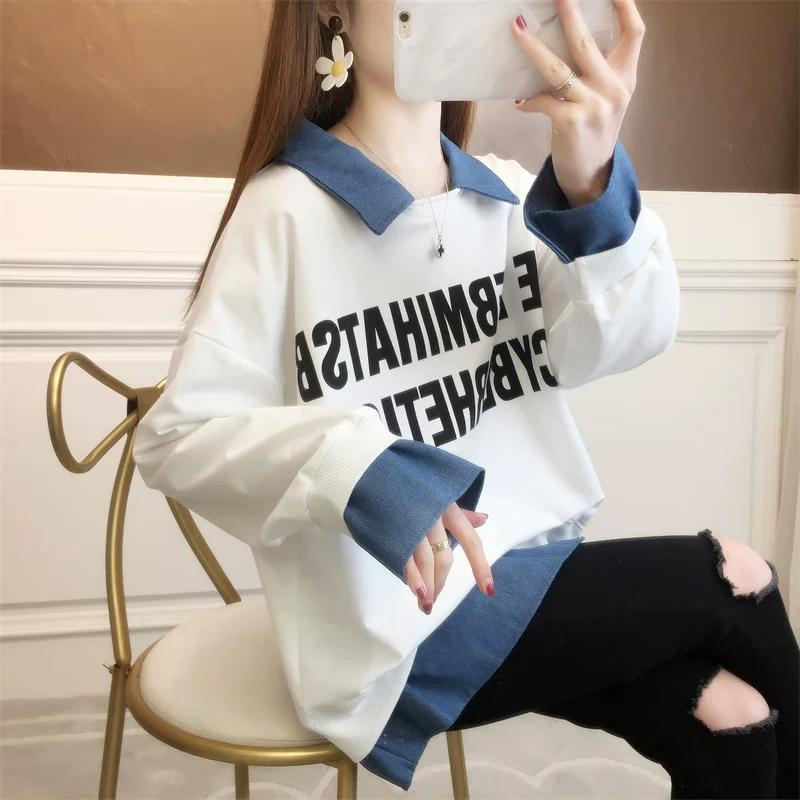 Sweatshirt for Women Cotton Faux Two-Piece Loose Casual Pullover Long Sleeve Sweatshirt Top