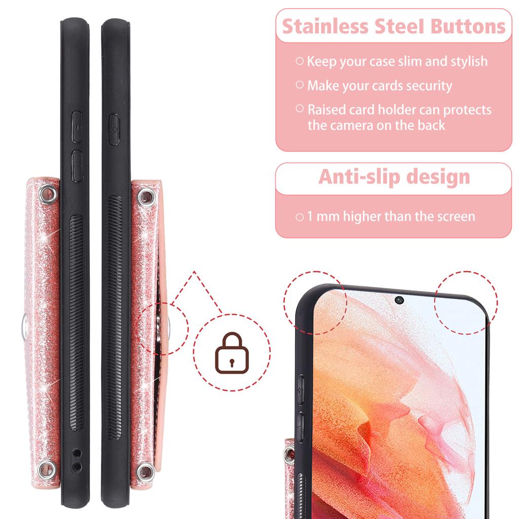 Glitter Phone Case for Samsung Galaxy S23 Kickstand Card Holder Leather Coated TPU Cover with Shoulder Strap