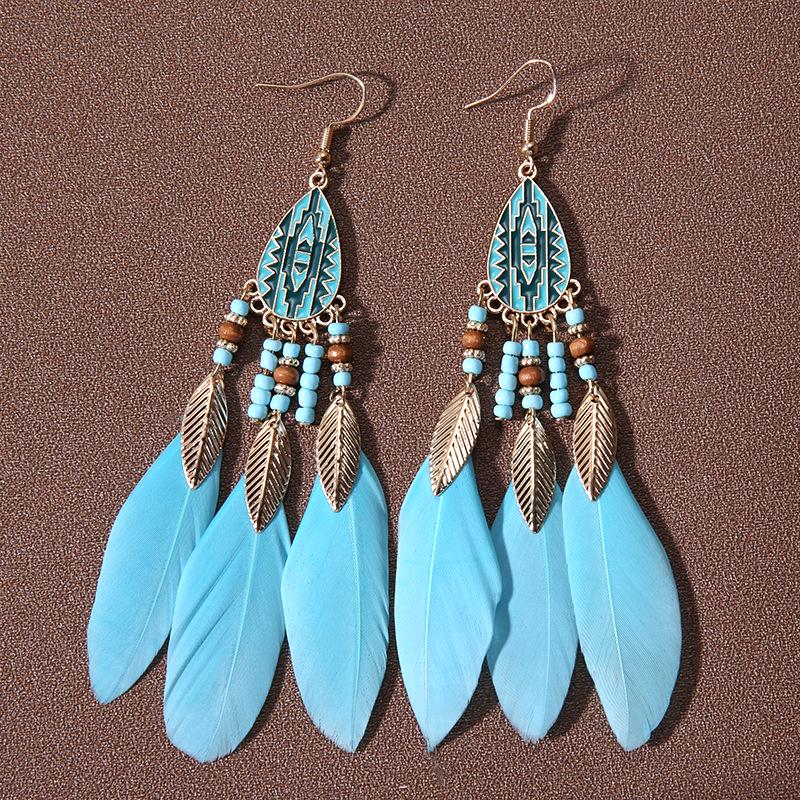 Bohemian Water Drop Tassel Earrings: Long Feather Design with Rice Beads, Ethnic Style for Women - Perfect Travel and Holiday Accessory