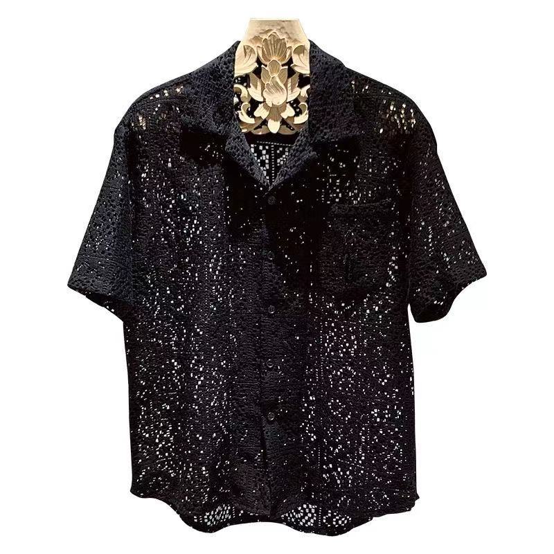 Elegante Mode Harajuku Slim Fit Herrenbekleidung Locker Lässig Sportlich All Match Hemd Eckiger Ausschnitt Ausgeschnitten Knopf Taschen Blusa