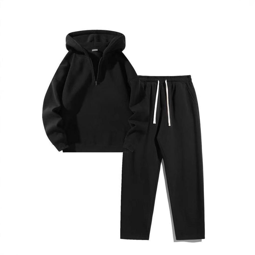 American Retro Unisex Half-Zip Hoodie Set - Loose Casual Style for Women