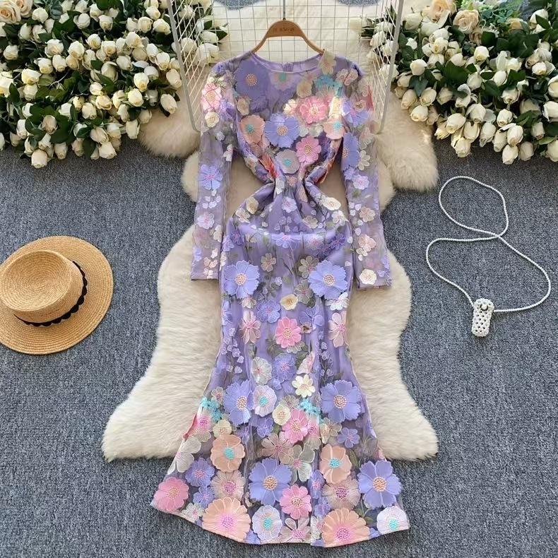 Elegantné 3D výšivky kvetov Dlhé maxi šaty Dámske Letná dovolenka Rybí chvost Večerné párty šaty Ceruzka XXXS fialová