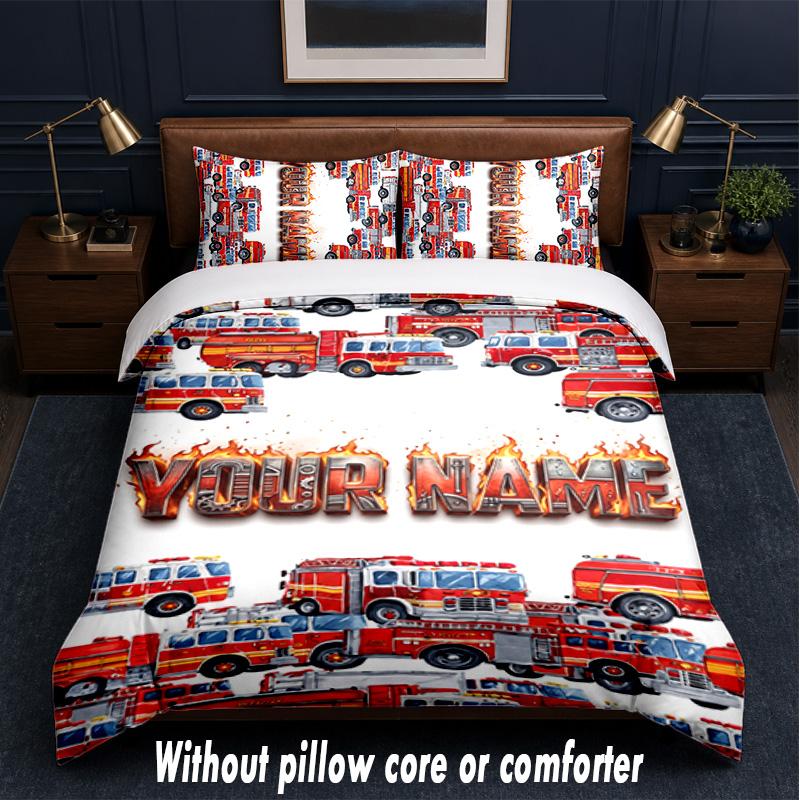 Fire Truck Theme Custom Text Or Name 3Pcs Bedding Set,1 Flat Sheet & 2 Pillowcases Personalized Home Bedding