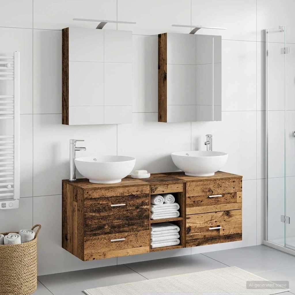Bathroom Furniture Set 5 pcs Reclaimed Wood Look Engineered Wood and Glass