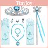 Conjunto infantil da Princesa Elsa de Frozen com coroa de plástico, varinha mágica, colar, brincos, laço e luvas.