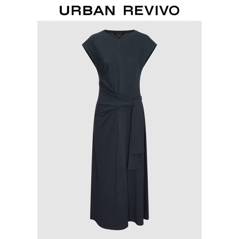 UR Women s Tie-Knot Pleated Round-Neck Dress L