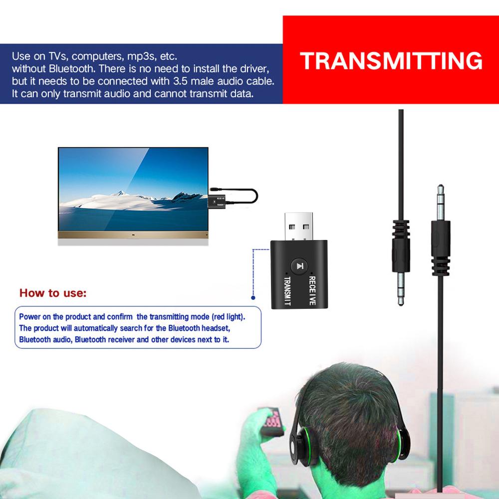 2 In 1 Car Bluetooth 5.0 Audio Receiver & Transmitter 3.5mm Jack AUX Stereo Wireless with Mic For Handsfree Mp3 Speaker TV