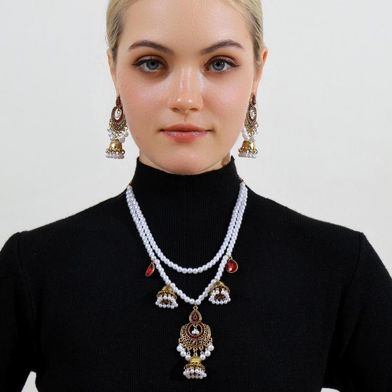 Double-layer Pearl Tassel Bell EarringsNecklace Set Courtly Style Jewelry