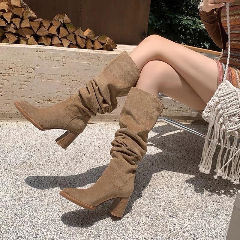 Spice girl tugs cool commuter versatile suede western cowboy boots new comfortable thick heel tall stacking boots