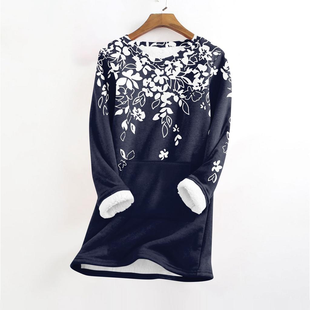 Women's Fashionable Printed Round Neck Long Sleeved Plush Warm Pullover Top