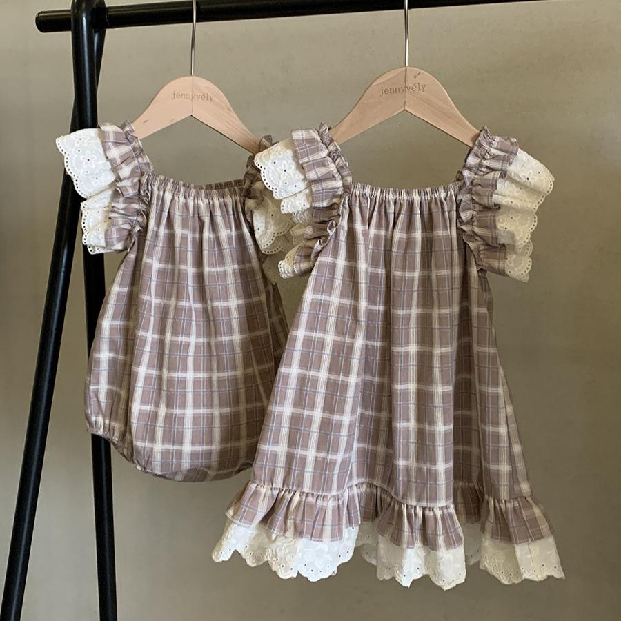 Jenny Children's Clothing Baby Clothes Summer Plaid One-piece Romper Girl Baby Lace Small Flying Sleeve Vest Climbing Clothing