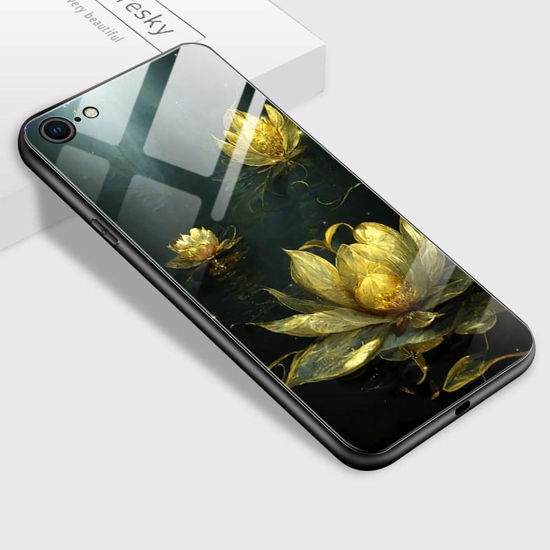 Tempered Glass Phone Case for iPhone Samsung Galaxy Infinix TPU Soft Edge Fashion Lotus Flower Patterns Shockproof Cover