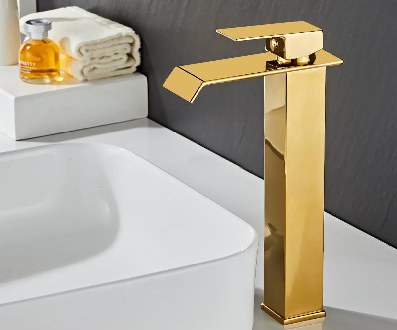 Waterfall Basin Faucet Gold and Black Sink Waterfall Mixers Bathroom Faucet Deck Mounted Washbasin Taps