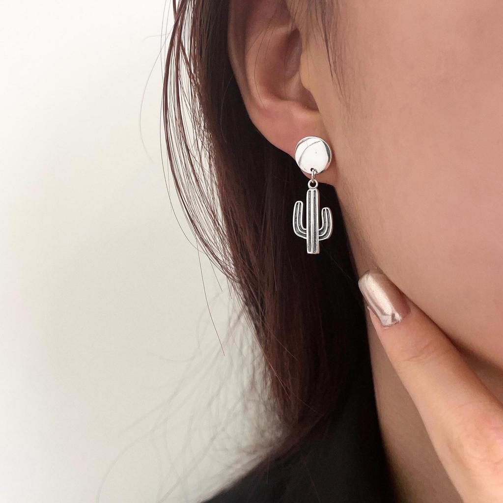 Korean Trendy s925 Sterling Silver Cactus Stud Earrings for Women - Retro Style, Simple, and Stylish.