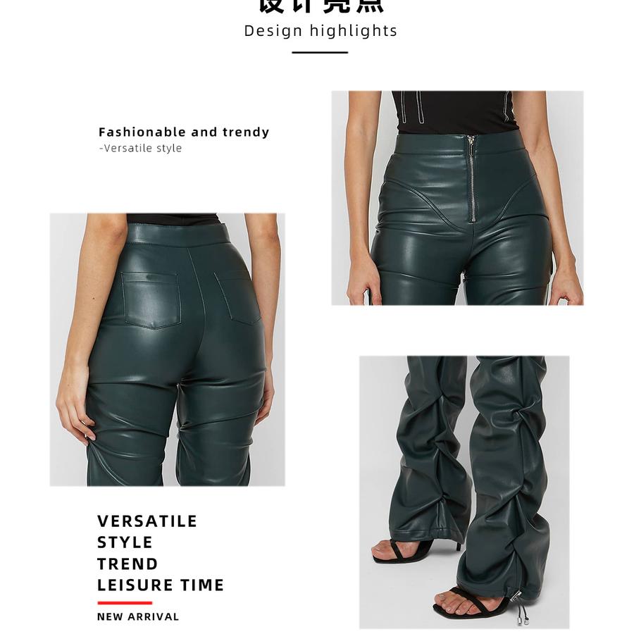 Damen Mode Schlank Geschnittene PU-Leder Lange Hosen, Persönlichkeit Faltbare Micro-Saum Hosen für Damen, Neue Saison