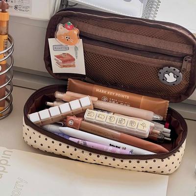 Korean Handheld Pencil Case Large Capacity Polka Dot Pen Bag Portable Stationery Organizer Students