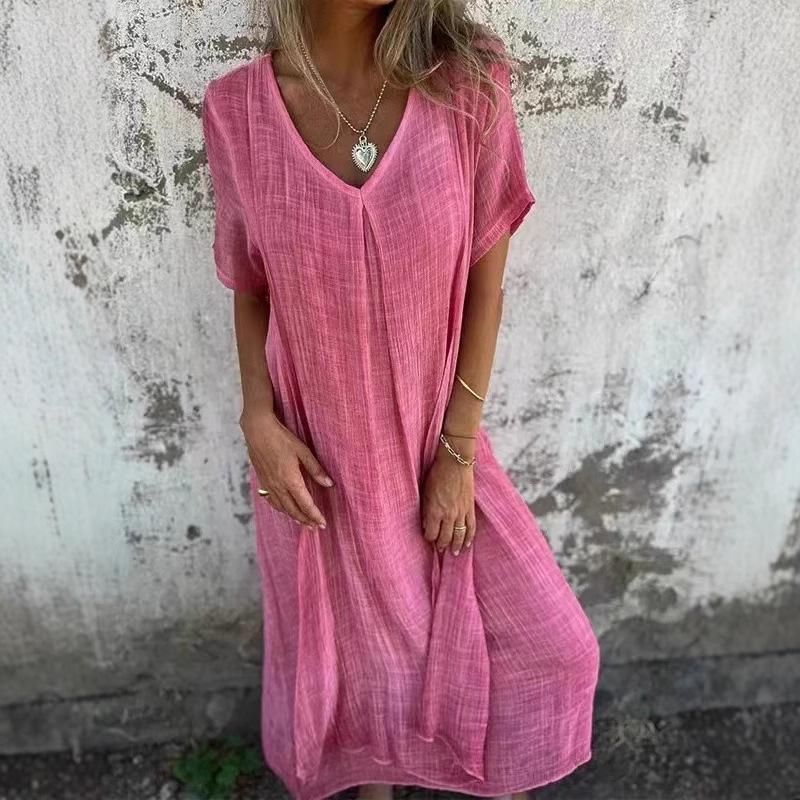 

Женское хлопково-льняное платье с коротким рукавом, V-образный вырез, свободное, большого размера, повседневное, для отпуска, уличное, тонкое, длинная юбка S розы красного