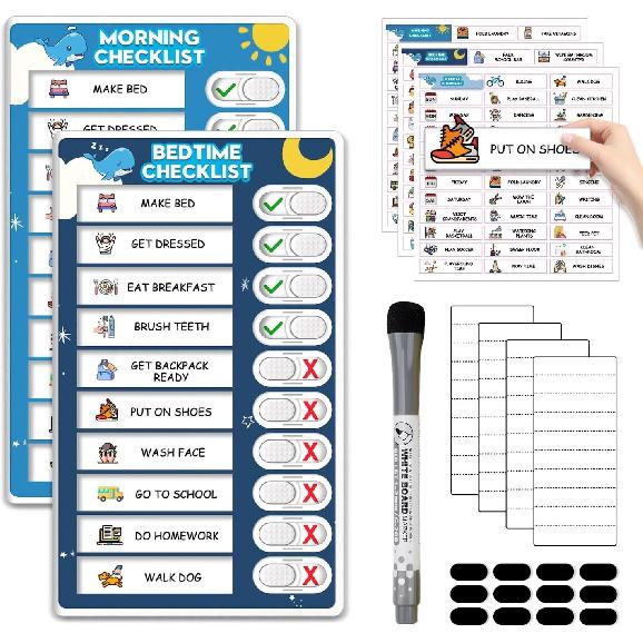 Upgraded Slider Morning/Bedtime Routine Chart for Kids Toddlers - Magnetic Kids Chore Chart for 2 Kids, Dry Erase Chore Chart for Kids, Visual