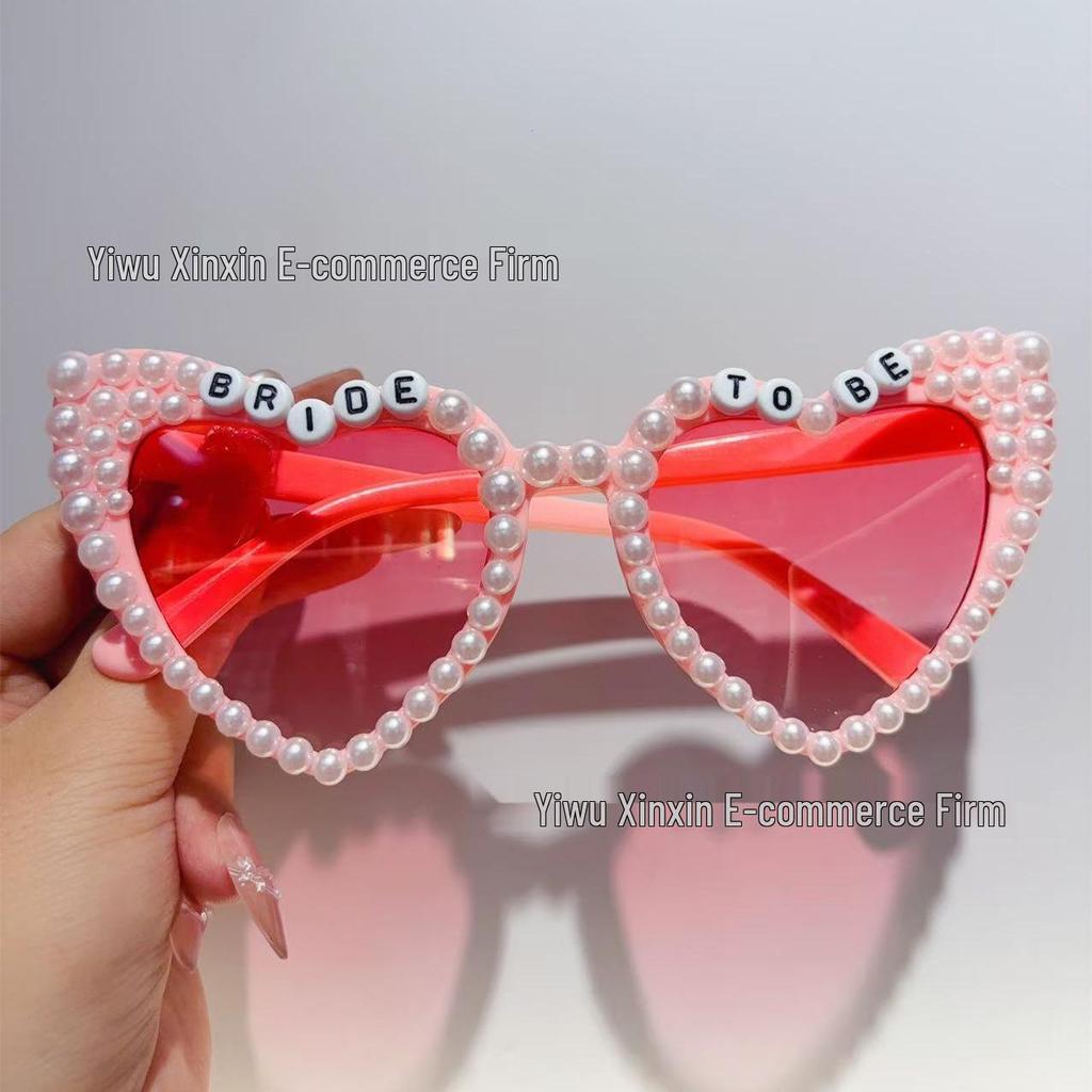 Crystal Heart Bride Sunglasses with Rhinestones & Pearls - Women's Bachelorette Party Accessory