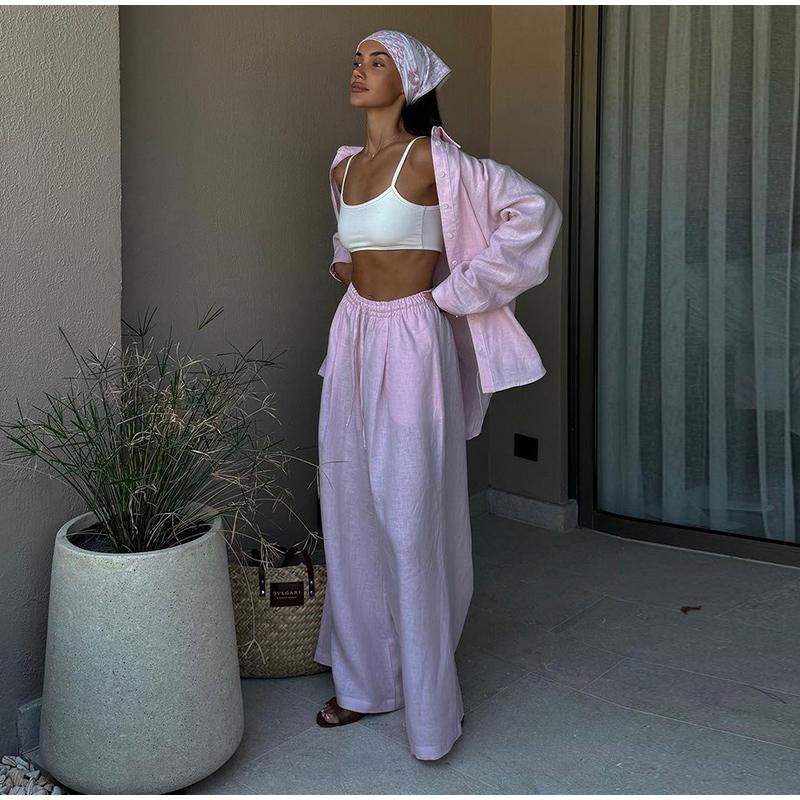 Women's Pure Cotton Shirt and Pants Set Casual Solid Color Women's Set V-neck Button Decoration Sweet Style Spring and Summer New Women's Clothing