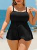 European & American Plus Size Black Ribbed Triangle Swim Skirt Swimsuit for Women