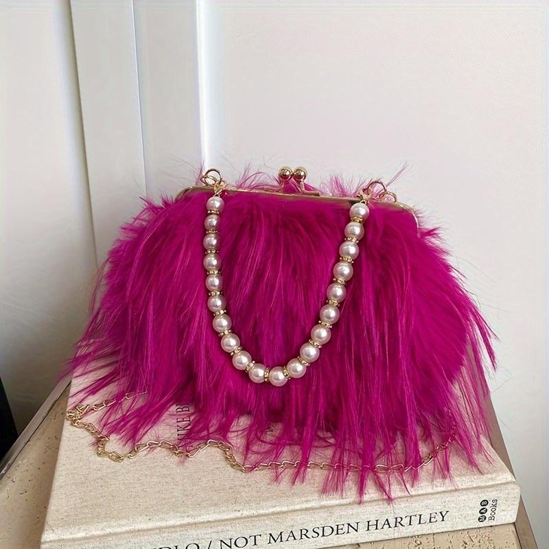 Geantă Satchel Elegantă din Blană Artificială cu Mâner de Perle Geantă de Seară Pufoasă și Moale Portofel de Damă la Modă Geantă de Mână Culoare Solidă cu Închidere Tip Kiss