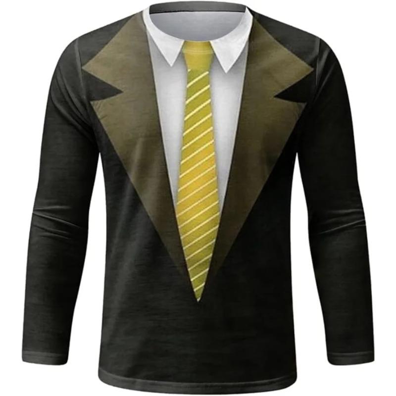 Round Neck Funny Suit Pattern 3D Printed Casual Short Sleeved Men's T-shirts - Soft Medium Stretch Fabric Spring and Autumn Relaxed Fit Clothing