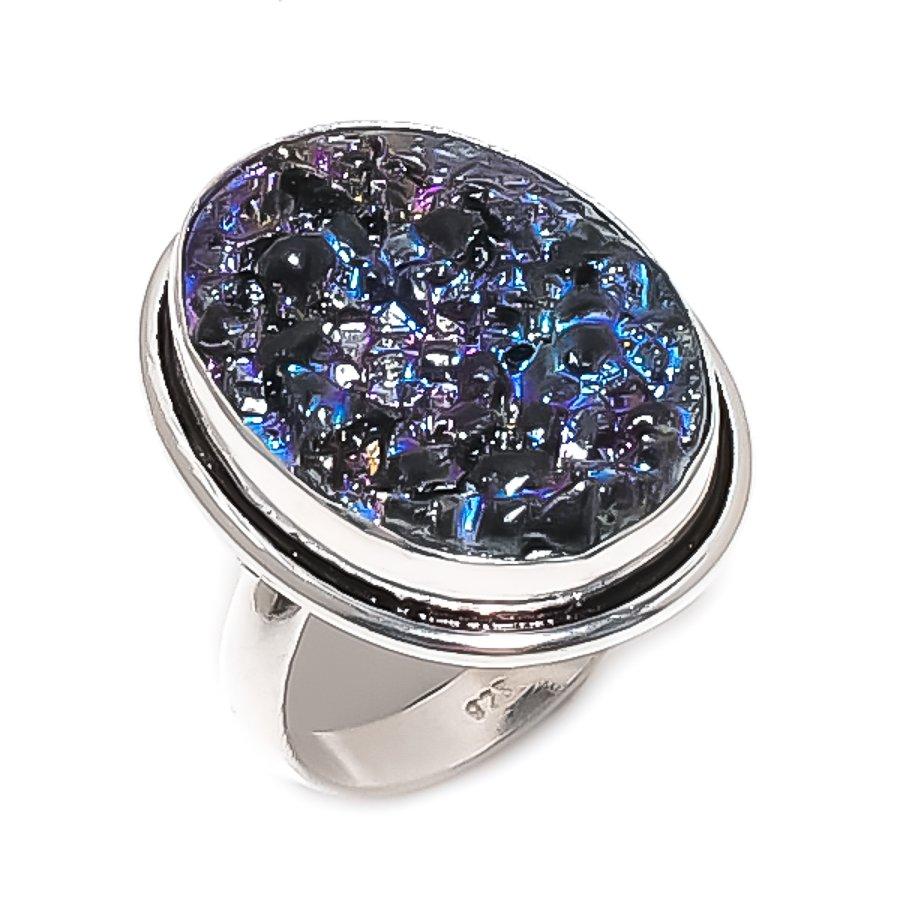 Titanium Druzy Gemstone Handmade 925 Sterling Silver Jewelry Ring Size 6.5 G9M25