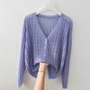 Moda Coreana Simples Verão Novo Vazado Liso Tricô Gola V Cardigã Feminino Manga Longa