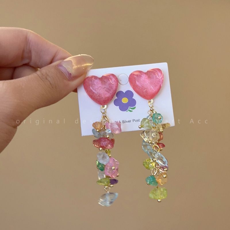 

Travel Notes! Mint Flower Beaded Tassel Earrings Female Seaside Vacation Dopamine Earrings Suitable for Summer Earrings Heart gravel tassel earrings (Silver Needle)