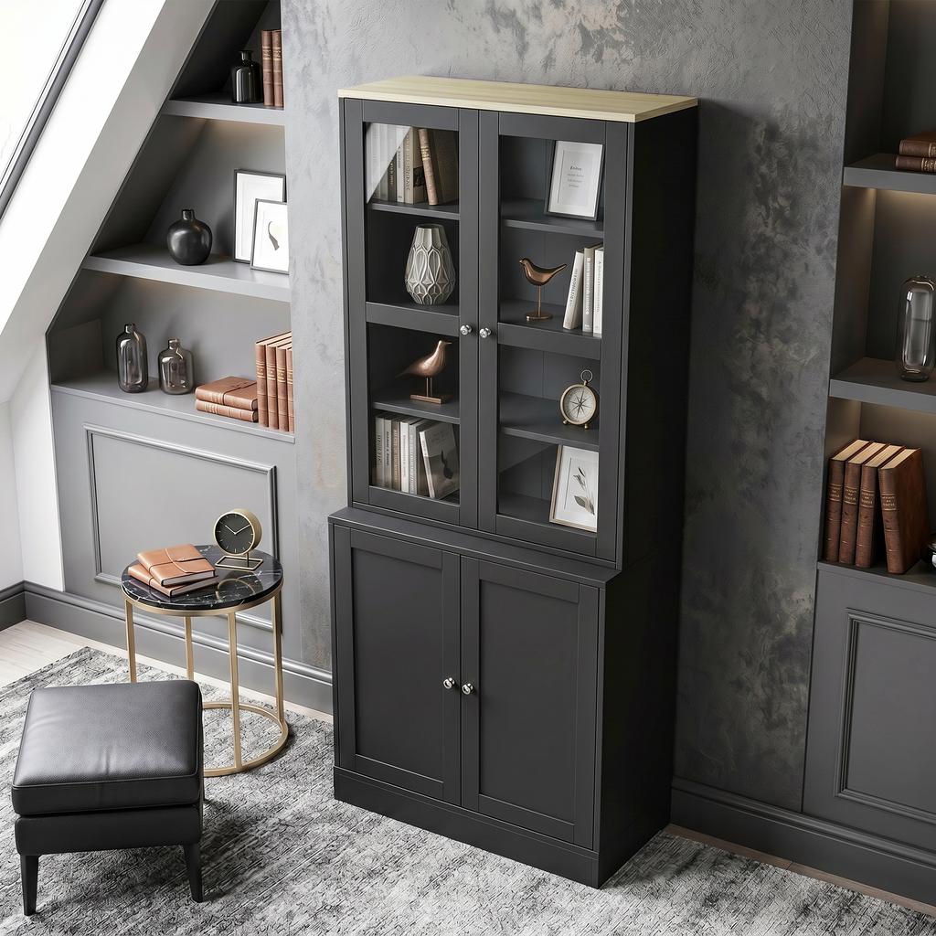 Display Cabinet, 6-Tier, 4 Doors (2 Tempered Glass), Adjustable Shelves, Black