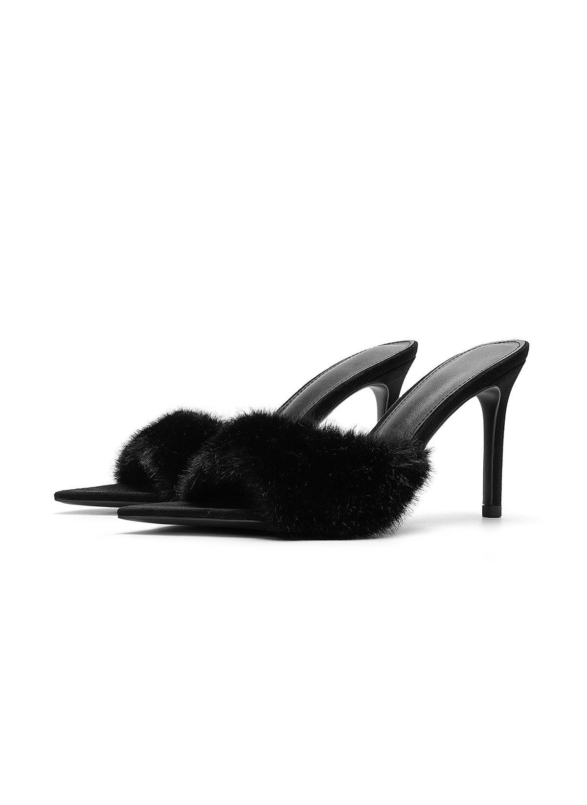 

First Encounter Season Mao Mao High-Heeled Cool Slippers Women S Fashion Outer Wear Autumn And Winter Versatile Pointed Thin Heel Bag Head Muller 40 чорний