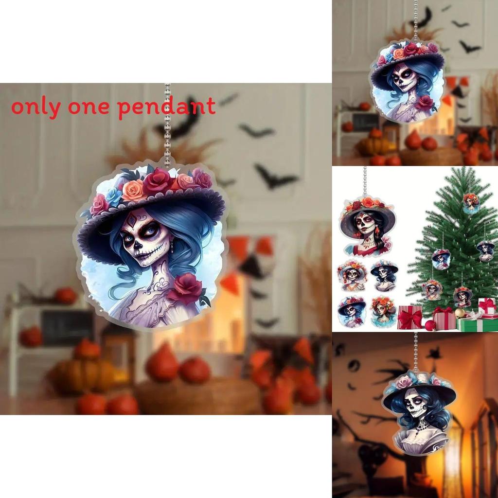 Car Decor Acrylic Halloween Cartoon Skull Flower Hat Design Pendant With Beaded Chain For Auto Interior