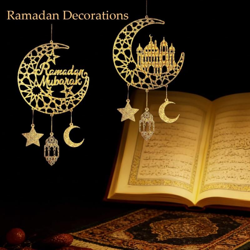 Eid Mubarak Moon Star Mosque Wooden Hanging Ornaments Kareem Ramadan Decorations