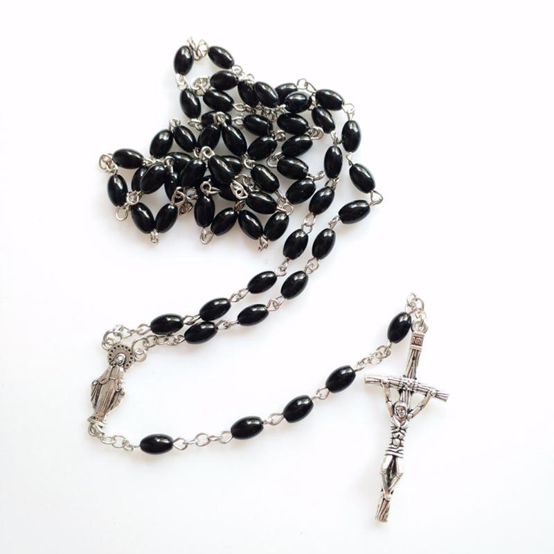Crystal Glass Rosary Beads Necklace Rosaries Catholic Gift with Medals 6x8mm Black Prayer Bead Catolic Jewelry Present