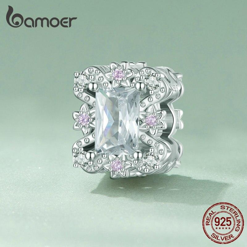 BAMOER 925 Sterling Silver Rococo Bead Pink Squre Zircon Flower Charm for Women Original Bracelet and Bangle Fine Jewelry