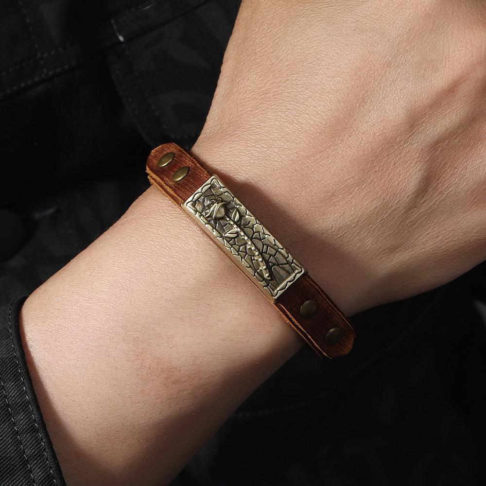 Retro Cowhide Leather Bracelet with Alloy Rose - Adjustable Men's Bangle